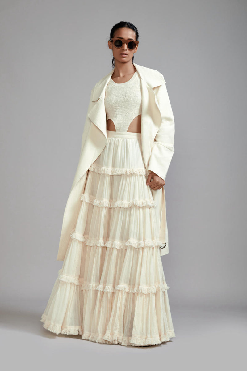 Off-White Bodysuit-Lehenga-Jacket Set (3 PCS) cotton Lehenga Sets by Mati in white color for women in Singapore