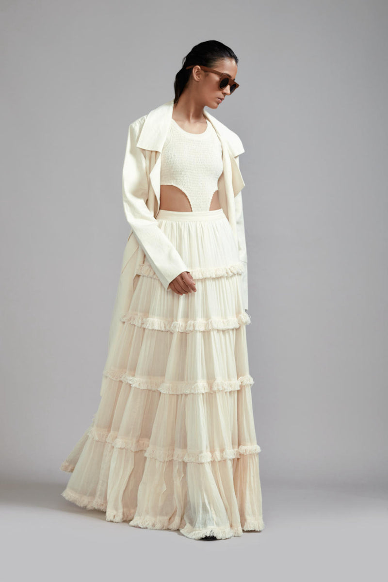 Off-White Bodysuit-Lehenga-Jacket Set (3 PCS) cotton Lehenga Sets by Mati in white color for women in Singapore