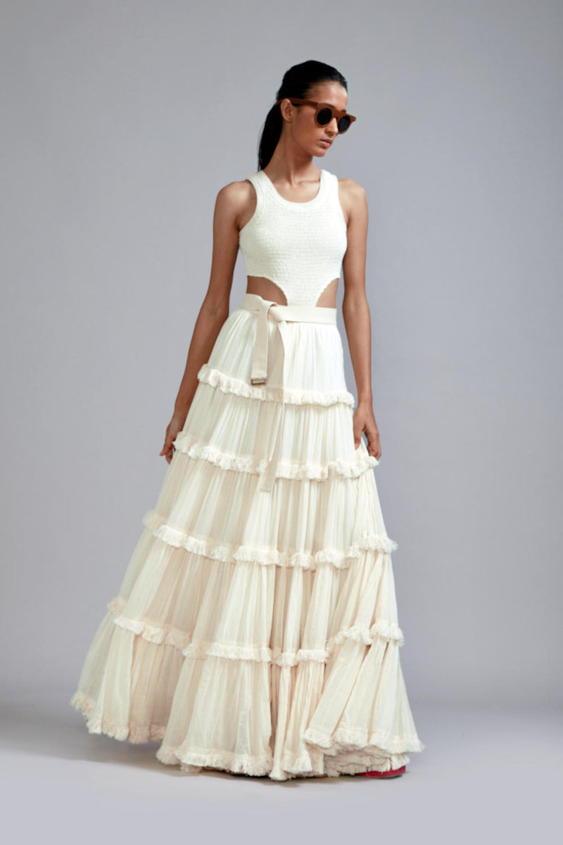 Off-White Bodysuit-Lehenga Set (2 PCS) cotton Lehenga Sets by Mati in white color for women in Singapore