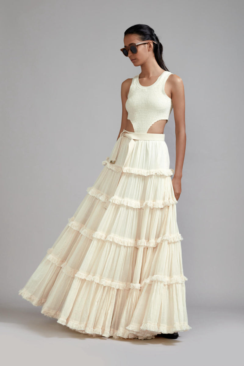 Off-White Bodysuit-Lehenga Set (2 PCS) cotton Lehenga Sets by Mati in white color for women in Singapore