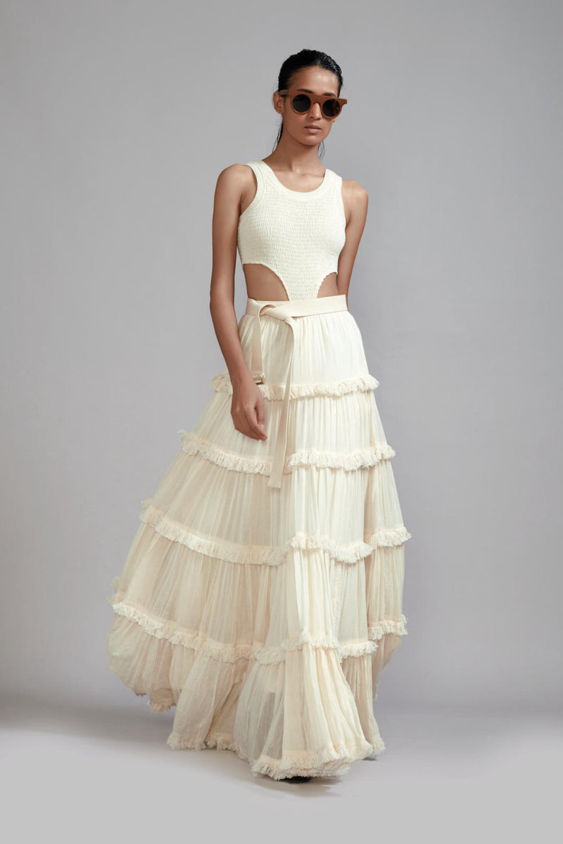Off-White Bodysuit-Lehenga Set (2 PCS) cotton Lehenga Sets by Mati in white color for women in Singapore