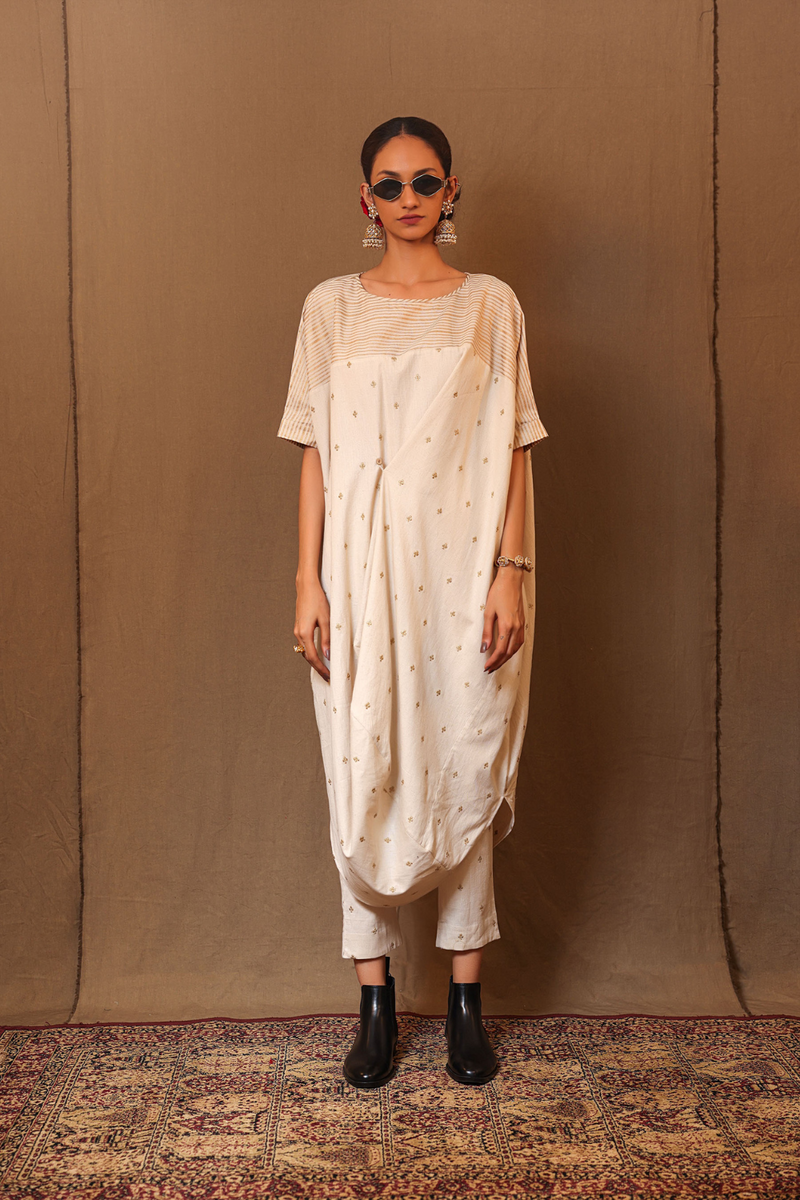 Off-White Club EMB Buttoned Cowl Tunic Set (2 PCS) 100% cotton by Mati in white color for women in Singapore