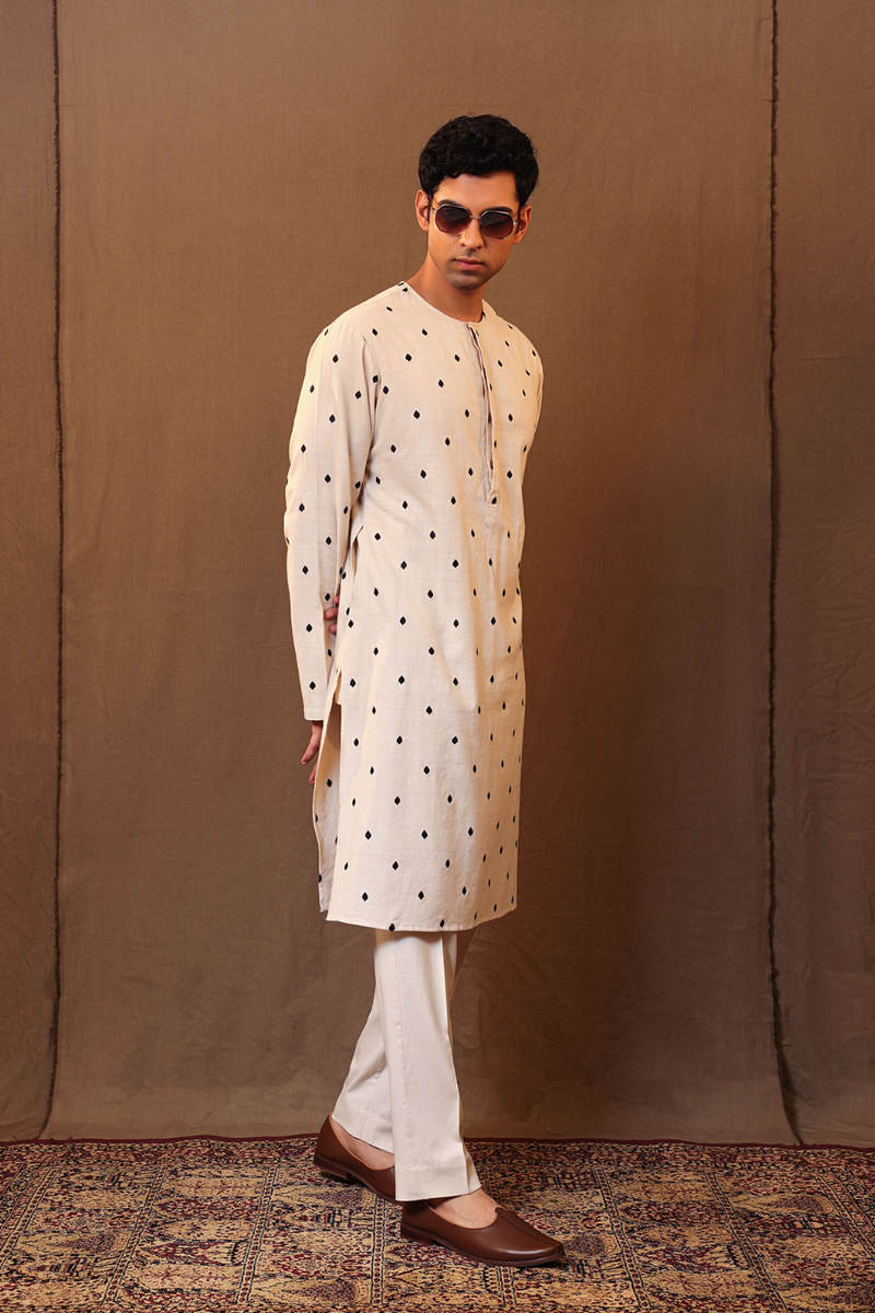 Off-White EMB SB Cotton Kurta cotton by Mati Men in white color for men in Singapore