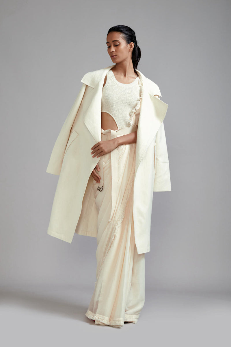 Off-White Fringed Saree-Bodysuit-Jacket Set (3 PCS) cotton Saree by Mati in white color for women in Singapore