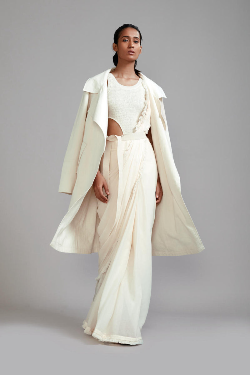 Off-White Fringed Saree-Bodysuit-Jacket Set (3 PCS) cotton Saree by Mati in white color for women in Singapore