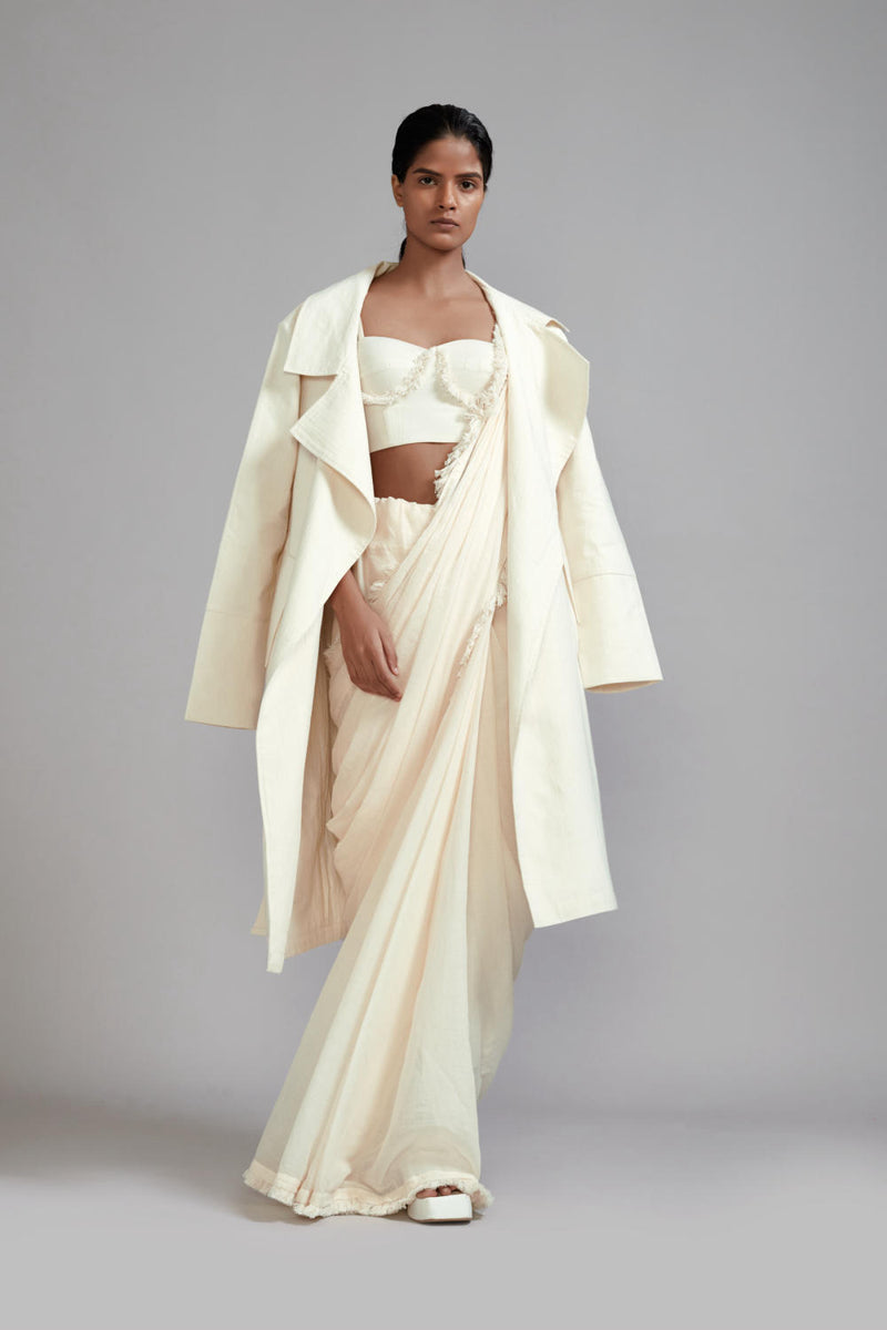 Off-White Fringed Saree cotton Saree by Mati in white color for women in Singapore