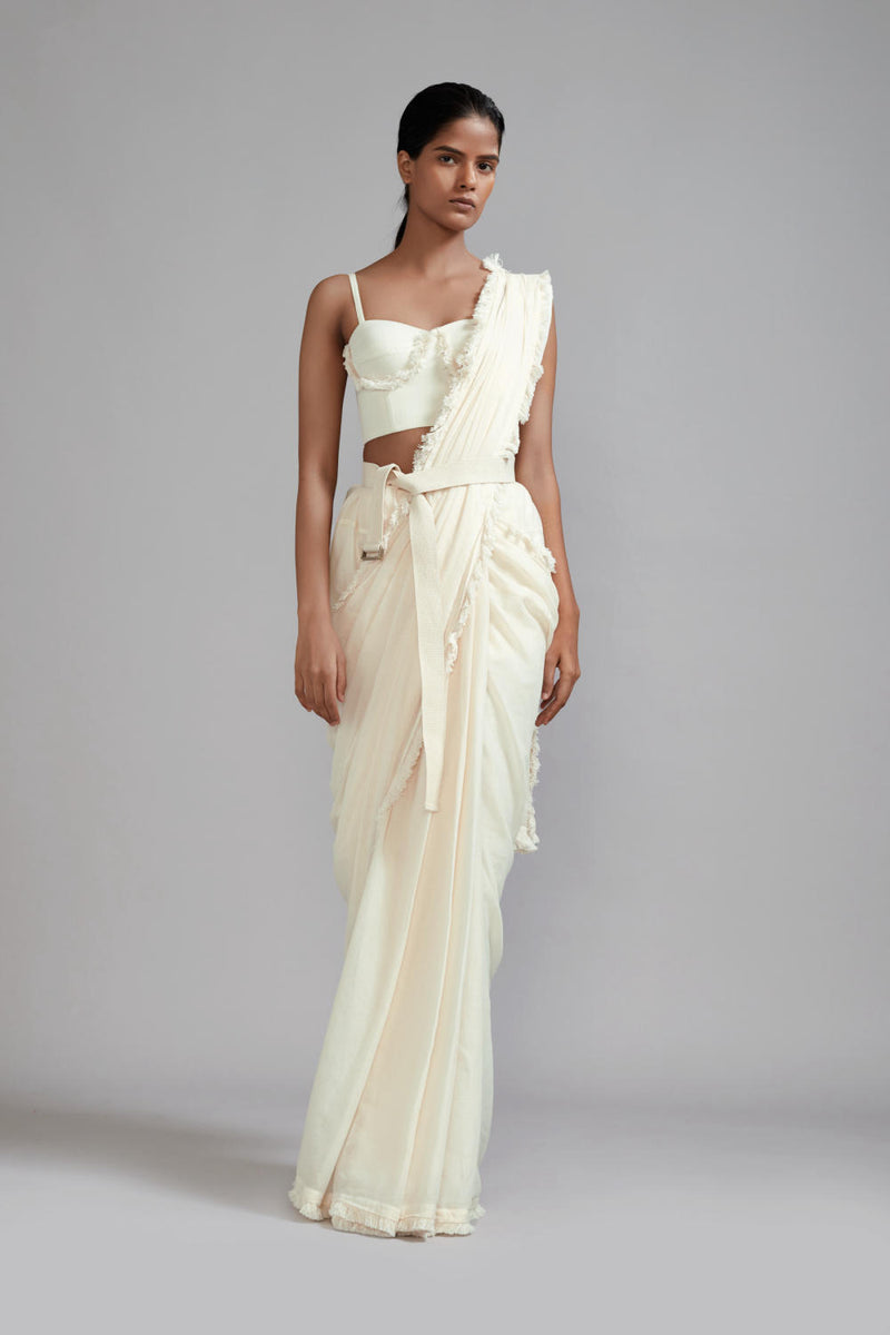 Off-White Fringed Saree cotton Saree by Mati in white color for women in Singapore