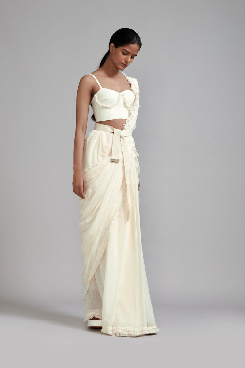 Off-White Fringed Saree cotton Saree by Mati in white color for women in Singapore