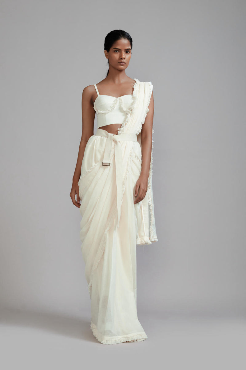 Off-White Fringed Saree cotton Saree by Mati in white color for women in Singapore