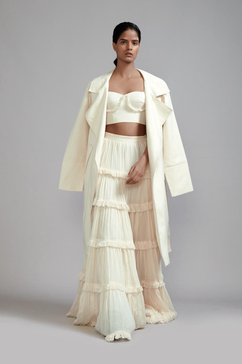 Off-White Fringed Tiered Lehenga Jacket Set (3 PCS) cotton Lehenga Sets by Mati in white color for women in Singapore