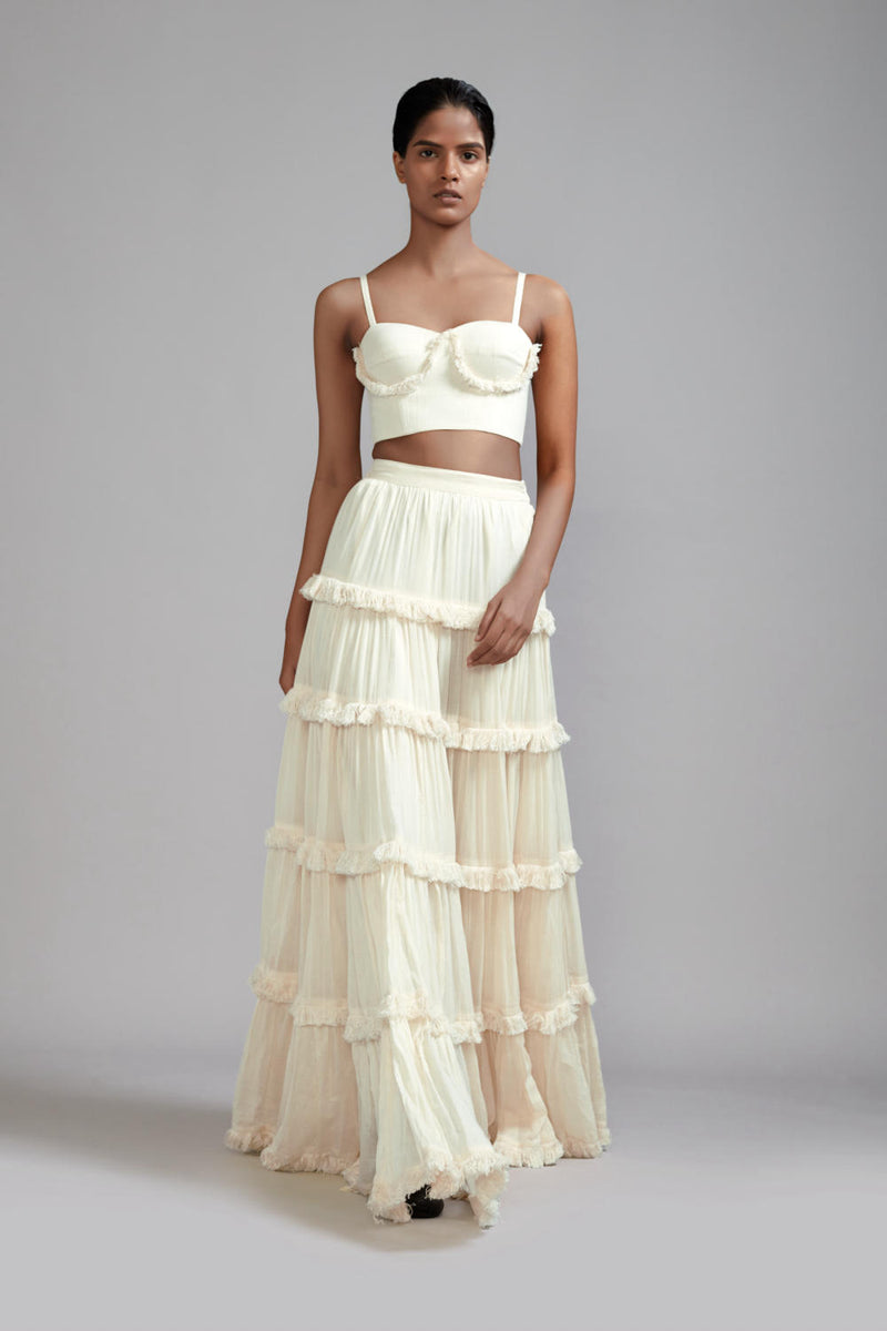 Off-White Fringed Tiered Lehenga cotton Skirts,Lehenga Sets by Mati in green color for women in Singapore