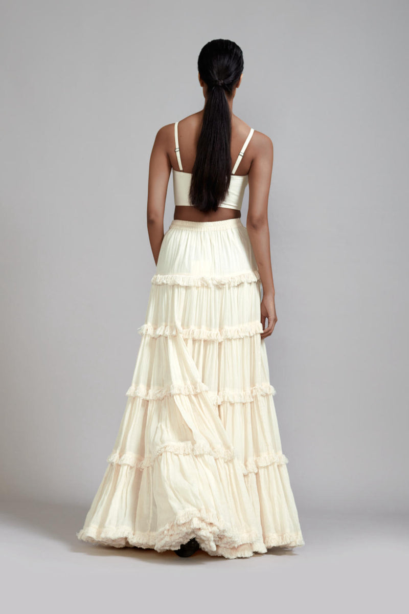Off-White Fringed Tiered Lehenga Set (2 PCS) cotton Lehenga Sets by Mati in white color for women in Singapore
