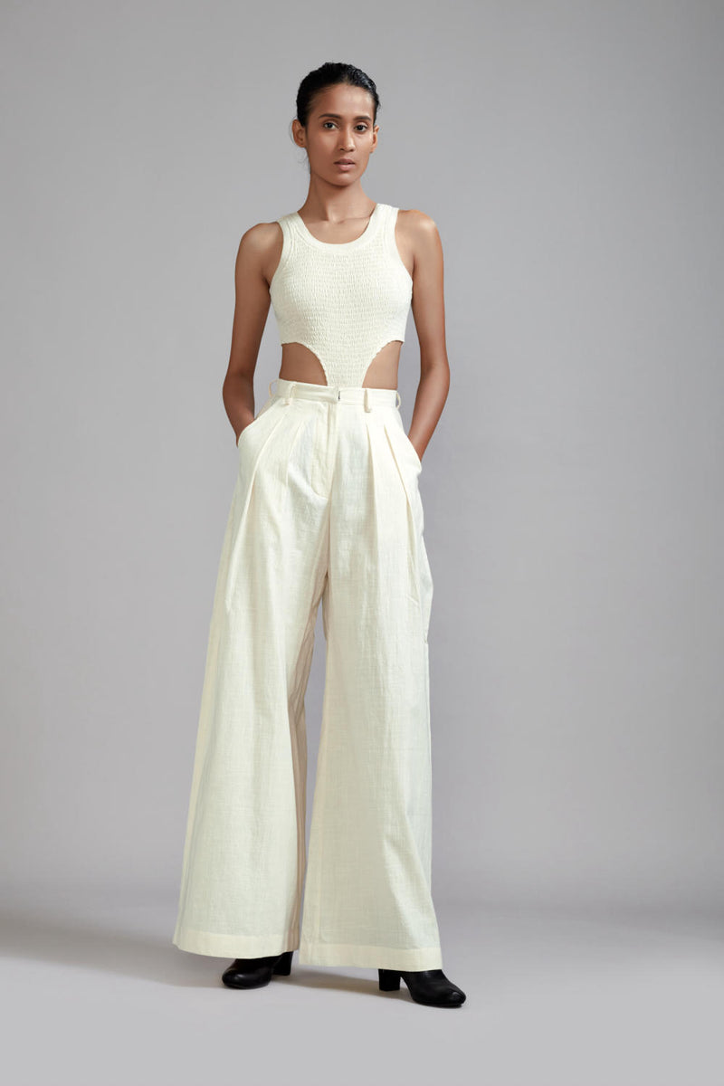 Off-White Long Pleated Trouser cotton Pants/Trousers by Mati in white color for women in Singapore