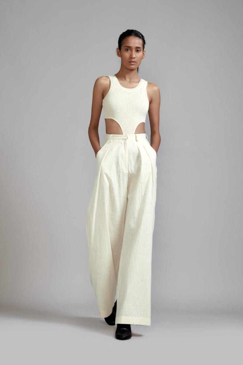 Off-White Long Pleated Trouser cotton Pants/Trousers by Mati in white color for women in Singapore