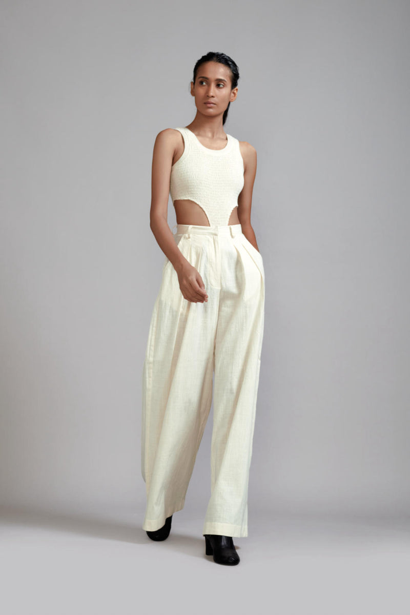 Off-White Long Pleated Trouser cotton Pants/Trousers by Mati in white color for women in Singapore