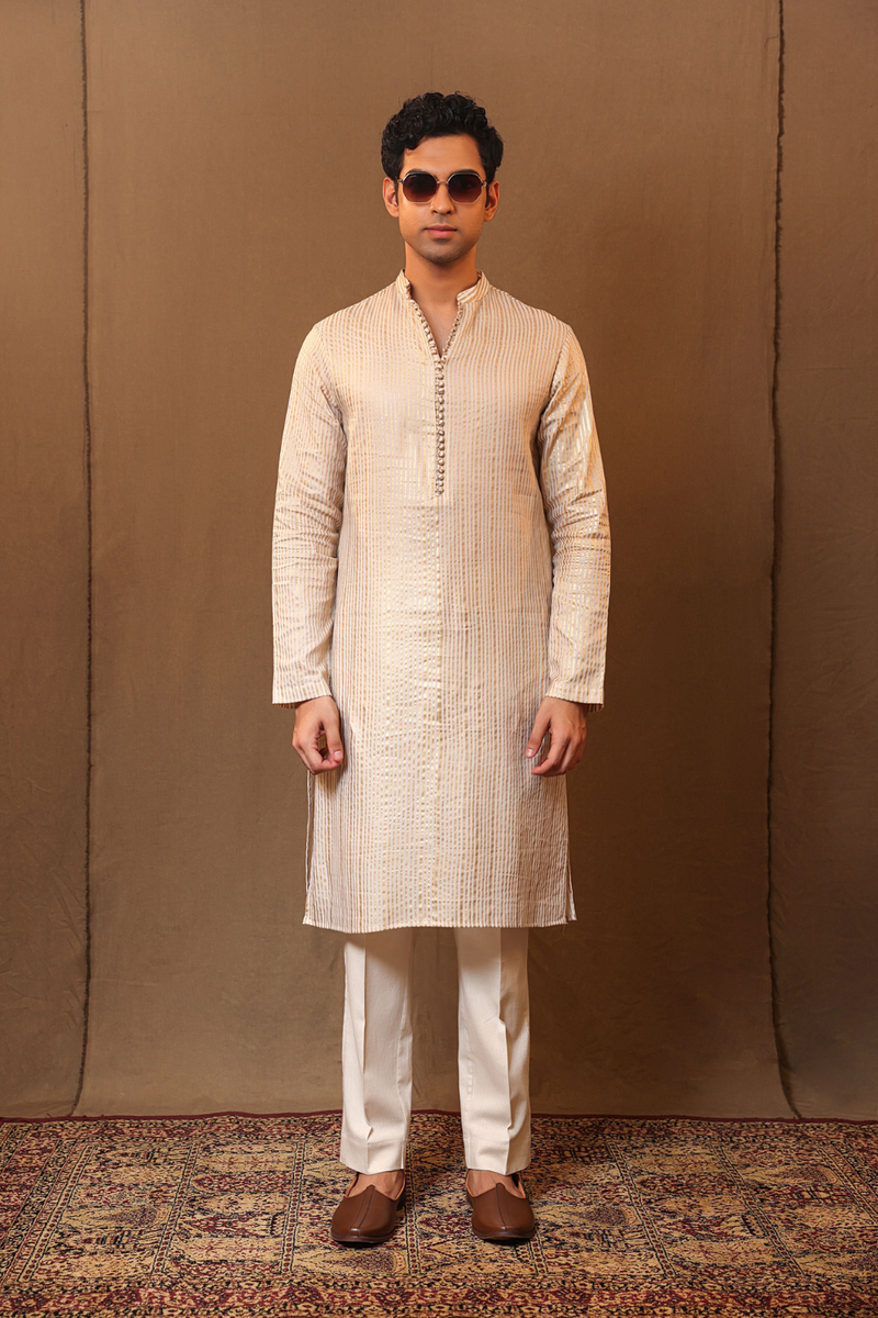 Off-White STR Buttoned Kurta cotton by Mati Men in white color for men in Singapore