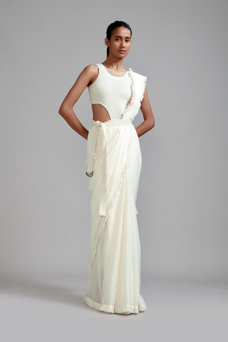 Off-White Saree & Smocked Bodysuit Set (2 PCS) cotton Saree by Mati in white color for women in Singapore