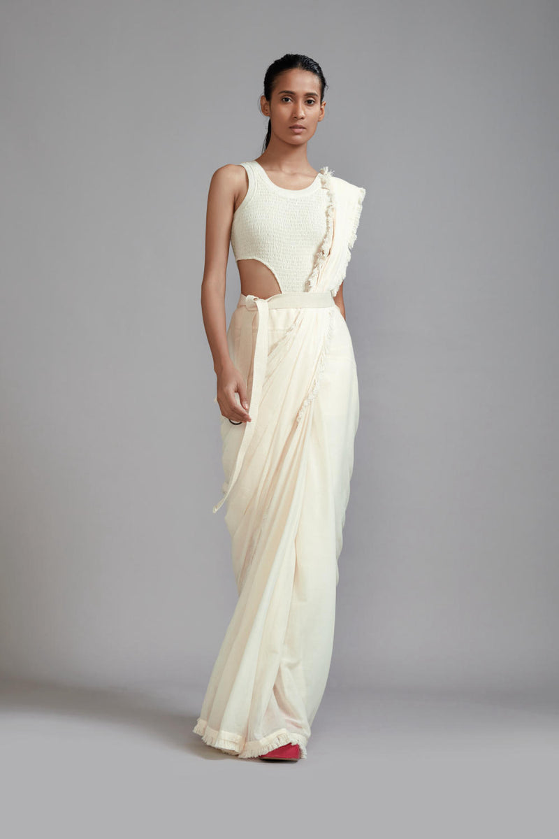 Off-White Saree & Smocked Bodysuit Set (2 PCS) cotton Saree by Mati in white color for women in Singapore