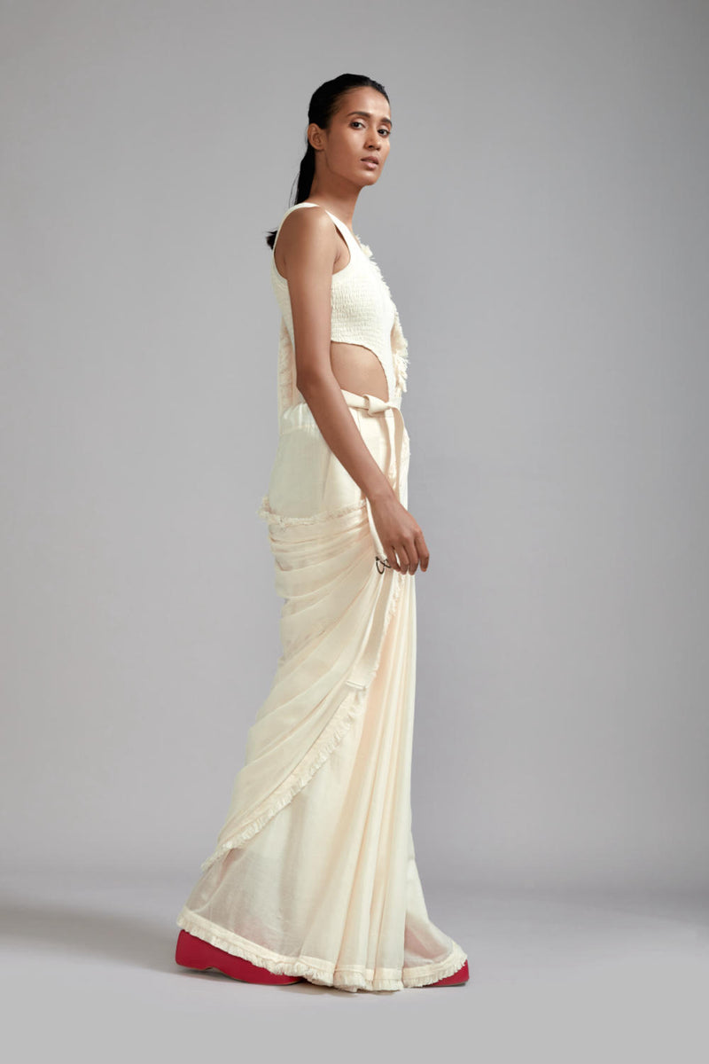 Off-White Saree & Smocked Bodysuit Set (2 PCS) cotton Saree by Mati in white color for women in Singapore