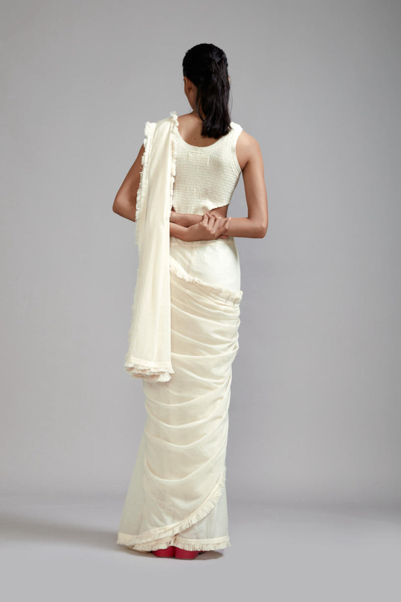 Off-White Saree & Smocked Bodysuit Set (2 PCS) cotton Saree by Mati in white color for women in Singapore