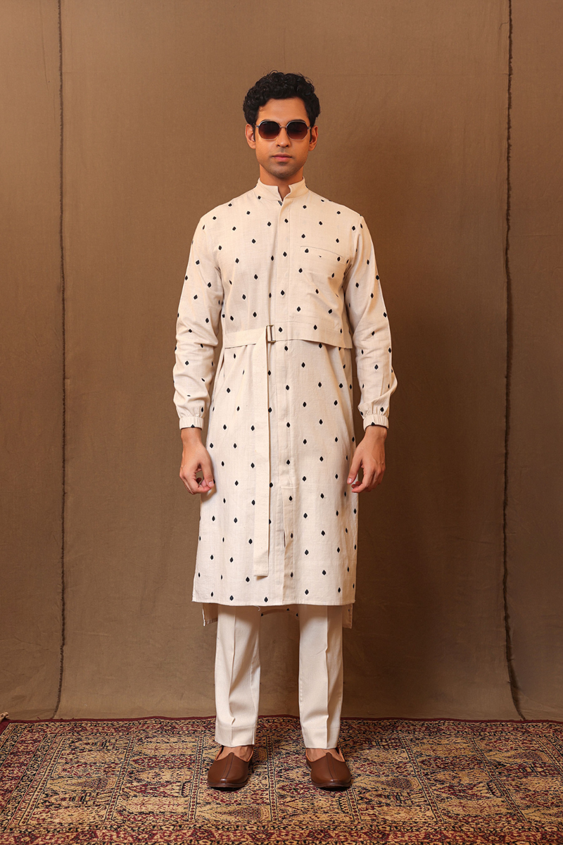 Off-White Spade EMB Belted Kurta Set (2 PCS) cotton by Mati Men in white color for men in Singapore