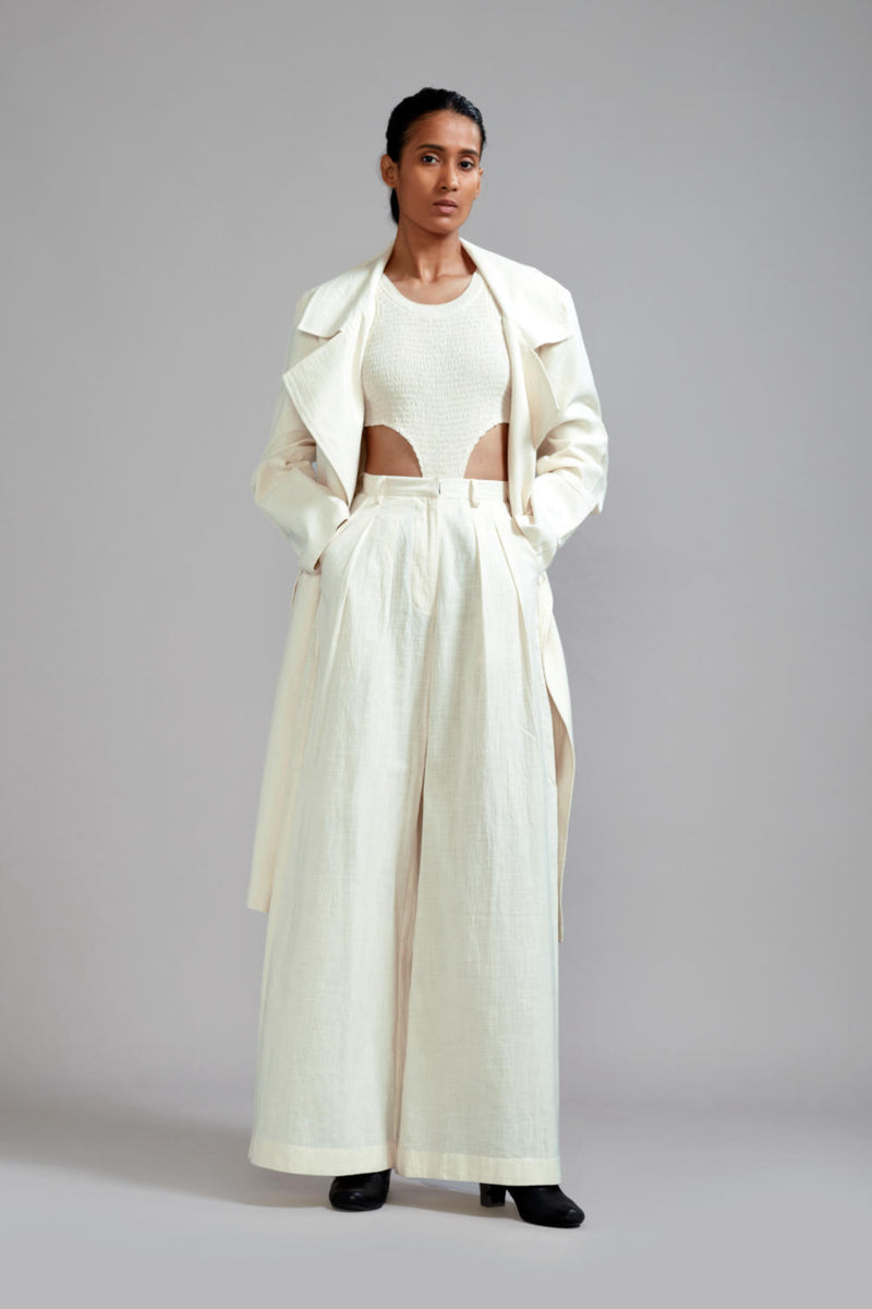 Off-White Trench Jacket Set (3 PCS) cotton Co-ord Sets by Mati in white color for women in Singapore