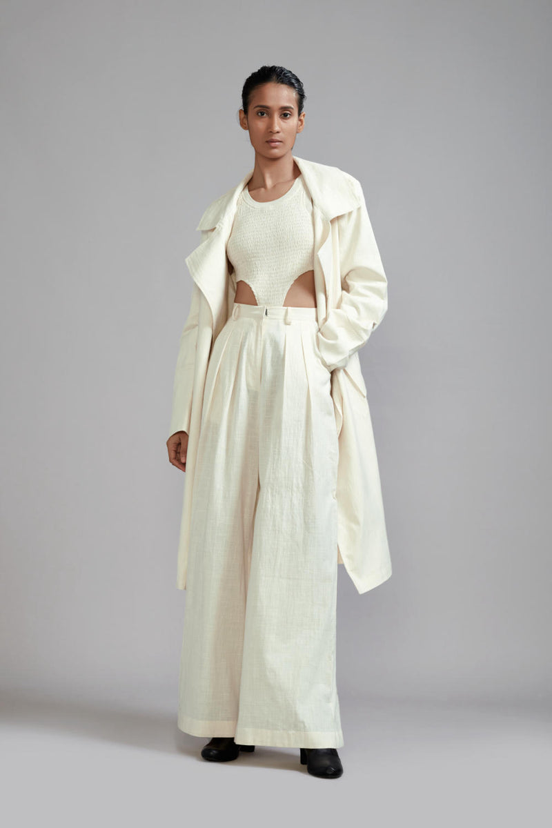 Off-White Trench Jacket Set (3 PCS) cotton Co-ord Sets by Mati in white color for women in Singapore