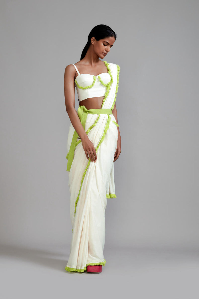 Off-White with Neon Green Fringed Saree cotton Saree by Mati in green color for women in Singapore