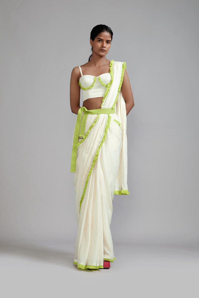 Off-White with Neon Green Saree & Smocked Bodysuit Set (2 PCS) cotton Saree by Mati in green color for women in Singapore