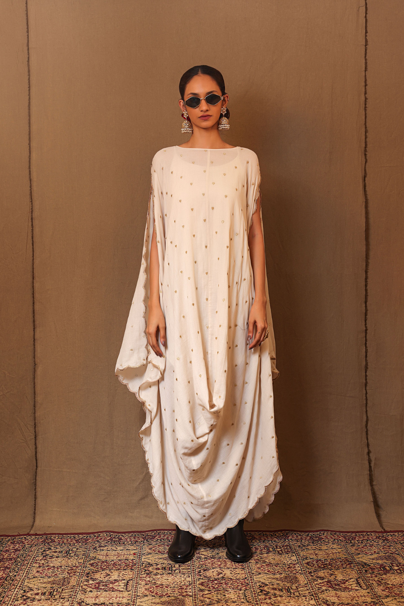 Off-White Zari Heart EMB Cowl Dress 100% cotton by Mati in white color for women in Singapore