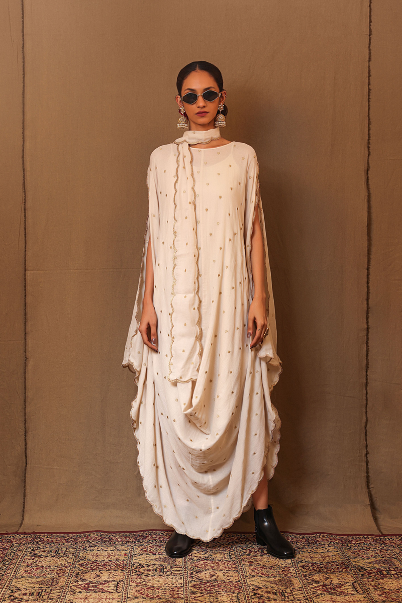 Off-White Zari Heart EMB Cowl Dress & Stole (3 PCS) 100% cotton by Mati in white color for women in Singapore