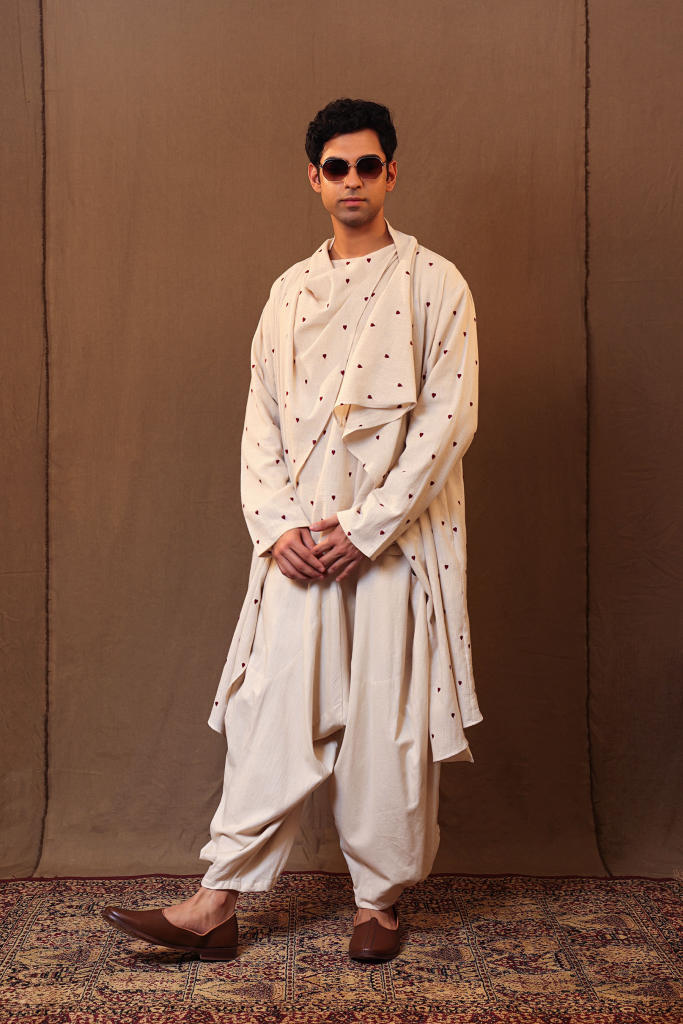 Off-White Heart EMB Men's Short Kurta cotton by Mati Men in white color for men in Singapore