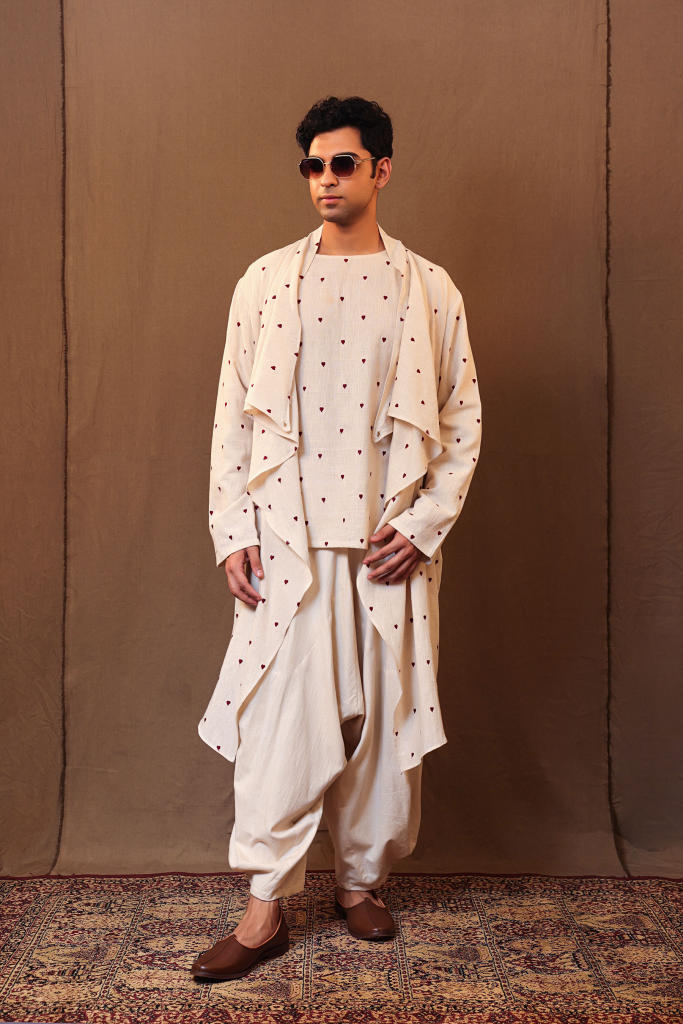 Off-White Heart EMB Men's Short Kurta cotton by Mati Men in white color for men in Singapore