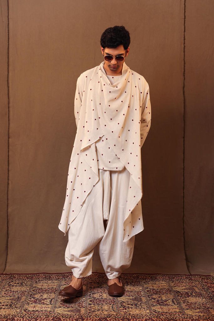 Off-White Heart EMB Men's Short Kurta cotton by Mati Men in white color for men in Singapore