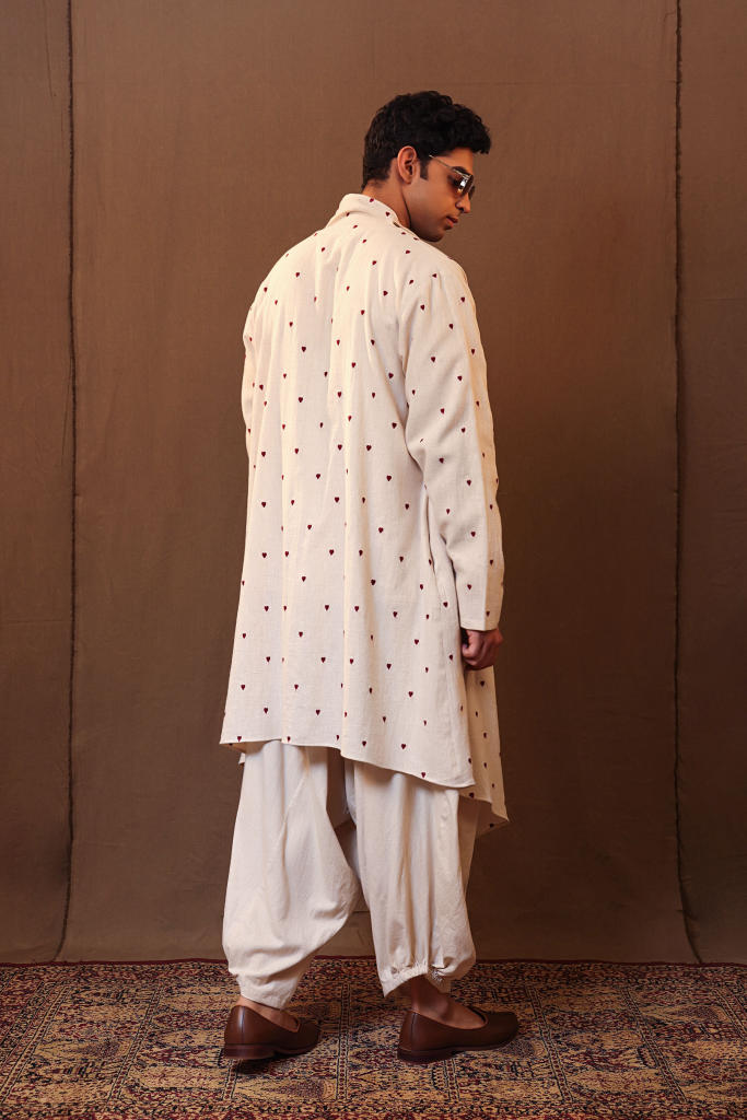 Off-White Heart EMB Men's Short Kurta cotton by Mati Men in white color for men in Singapore