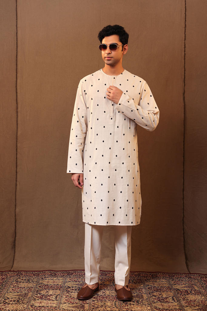 Off-White EMB SB Cotton Kurta cotton by Mati Men in white color for men in Singapore