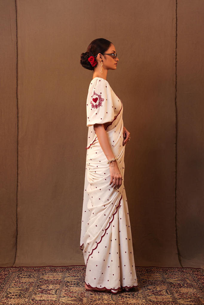 Off-White Heart EMB Saree 100% cotton by Mati in white color for women in Singapore