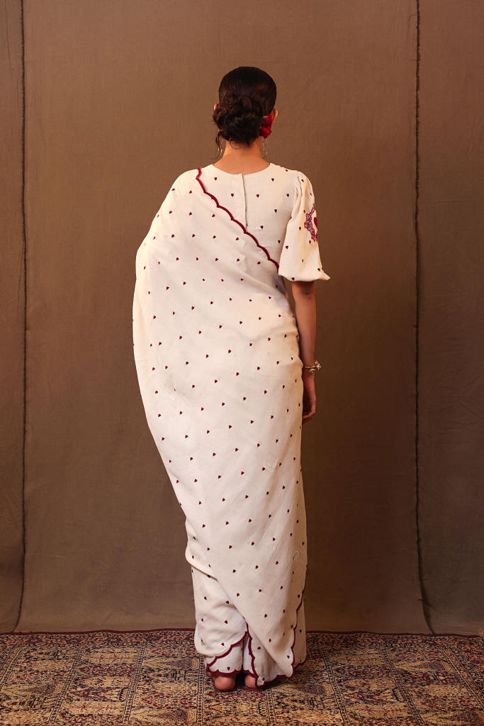 Off-White Heart EMB Saree 100% cotton by Mati in white color for women in Singapore