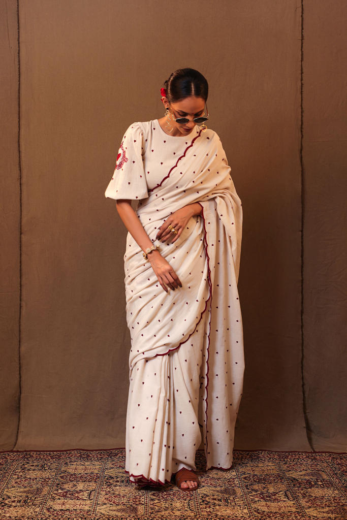 Off-White Heart EMB Saree 100% cotton by Mati in white color for women in Singapore