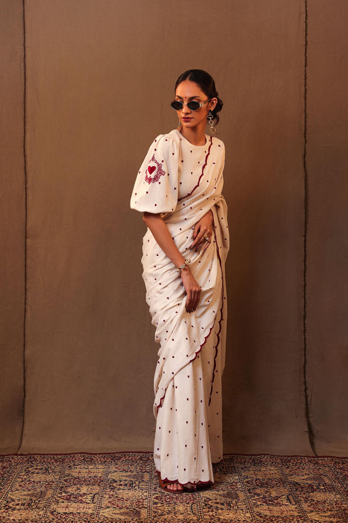 Off-White Heart EMB Saree 100% cotton by Mati in white color for women in Singapore