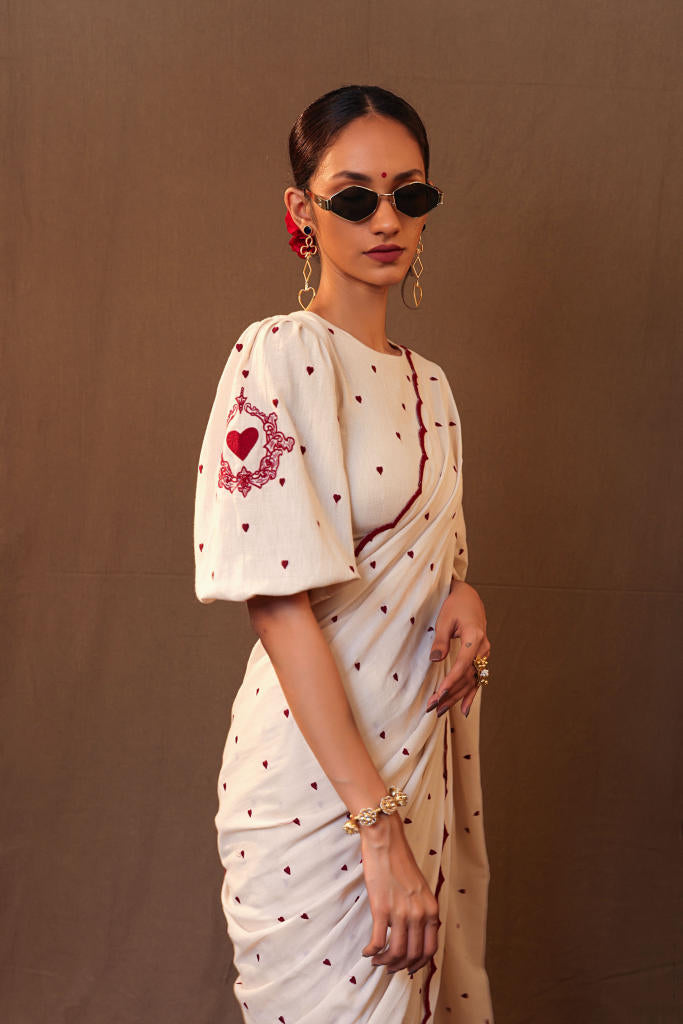 Off-White Heart EMB Saree 100% cotton by Mati in white color for women in Singapore
