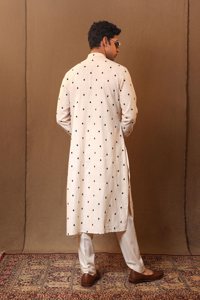 Off-White Spade EMB Belted Kurta Set (2 PCS) cotton by Mati Men in white color for men in Singapore