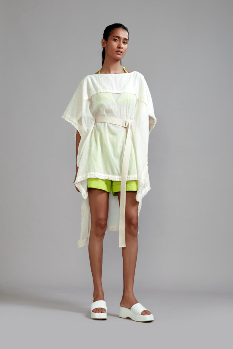Off-White wIth Neon Green Fringed Kaftan Co-Ords Set (3 PCS) cotton Co-ord Sets by Mati in green color for women in Singapore