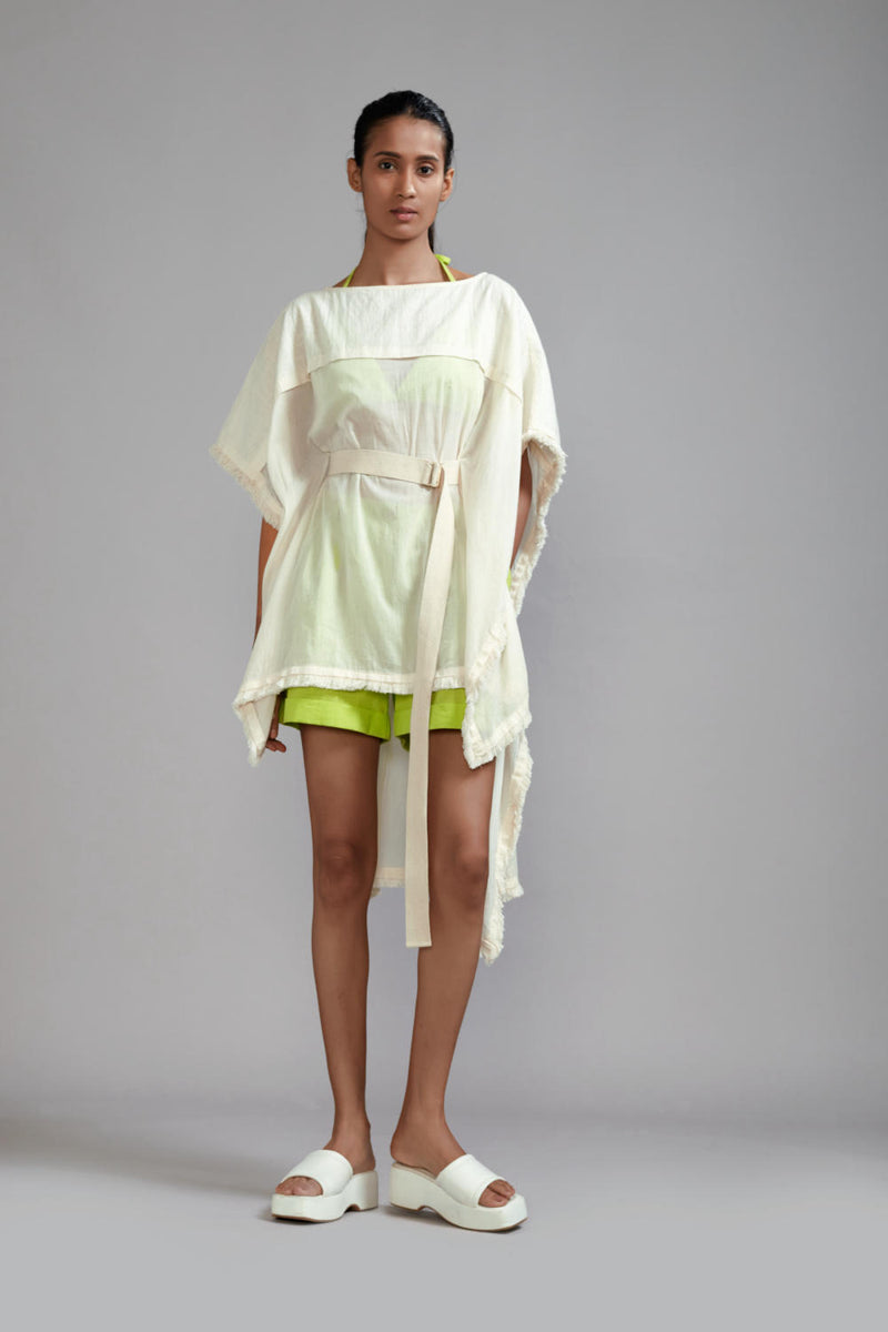 Off-White wIth Neon Green Fringed Kaftan Co-Ords Set (3 PCS) cotton Co-ord Sets by Mati in green color for women in Singapore