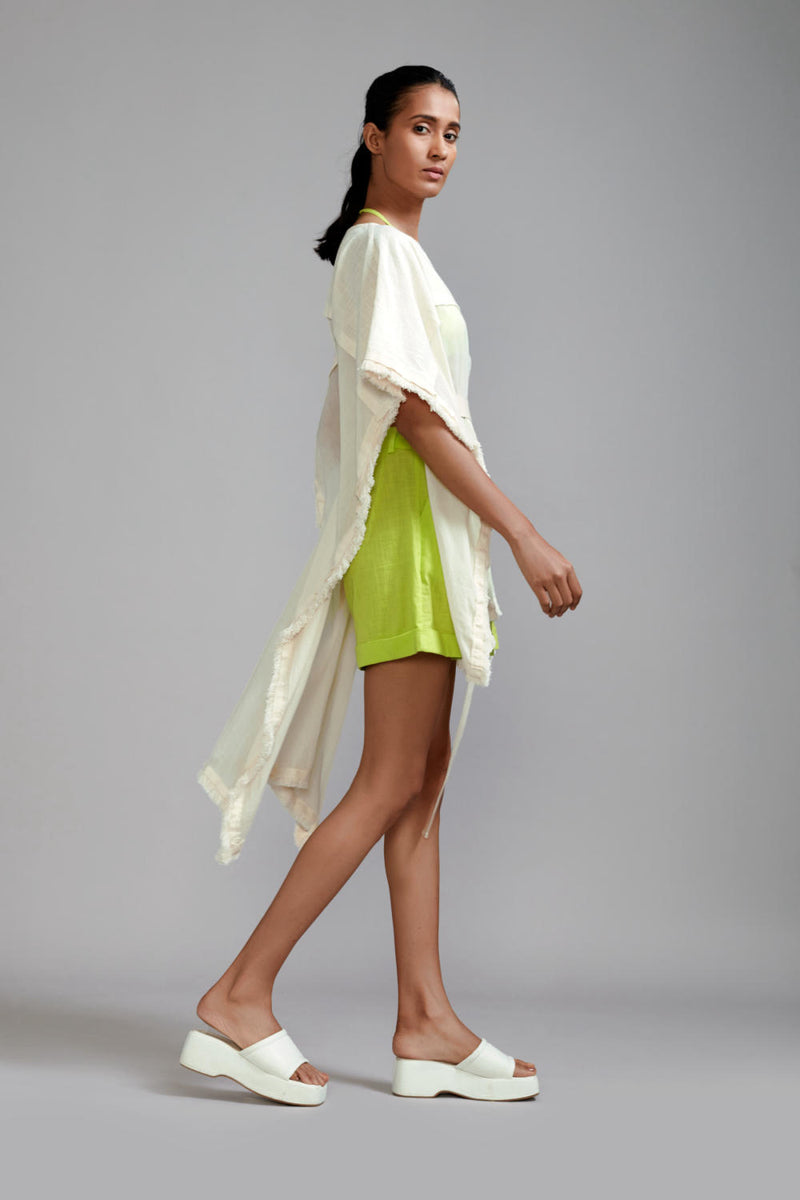 Off-White wIth Neon Green Fringed Kaftan Co-Ords Set (3 PCS) cotton Co-ord Sets by Mati in green color for women in Singapore