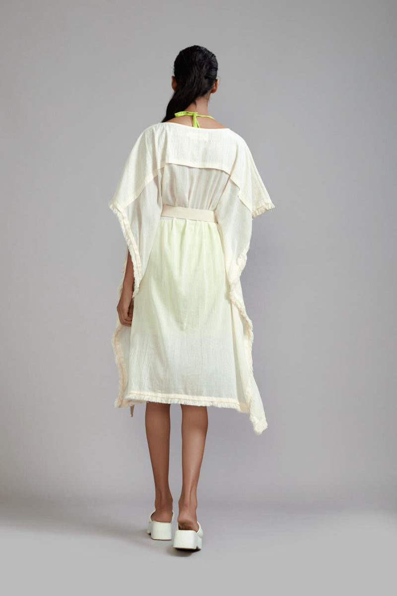 Off-White wIth Neon Green Fringed Kaftan Co-Ords Set (3 PCS) cotton Co-ord Sets by Mati in green color for women in Singapore