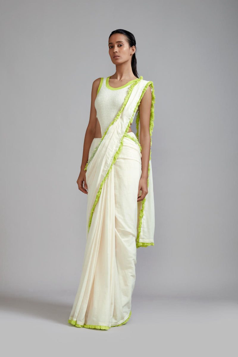 Off-White with Neon Green Fringed Saree cotton Saree by Mati in green color for women in Singapore