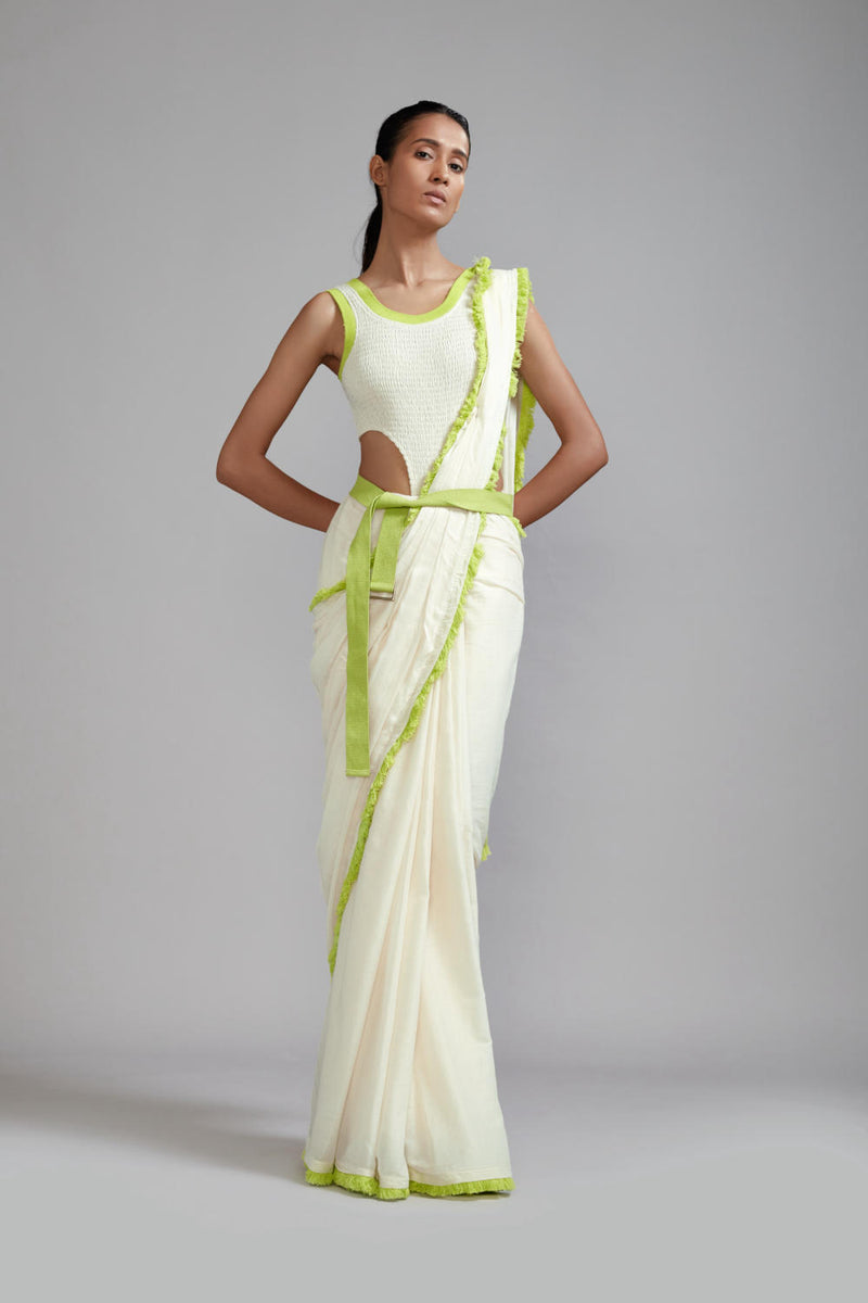 Off-White with Neon Green Fringed Saree cotton Saree by Mati in green color for women in Singapore