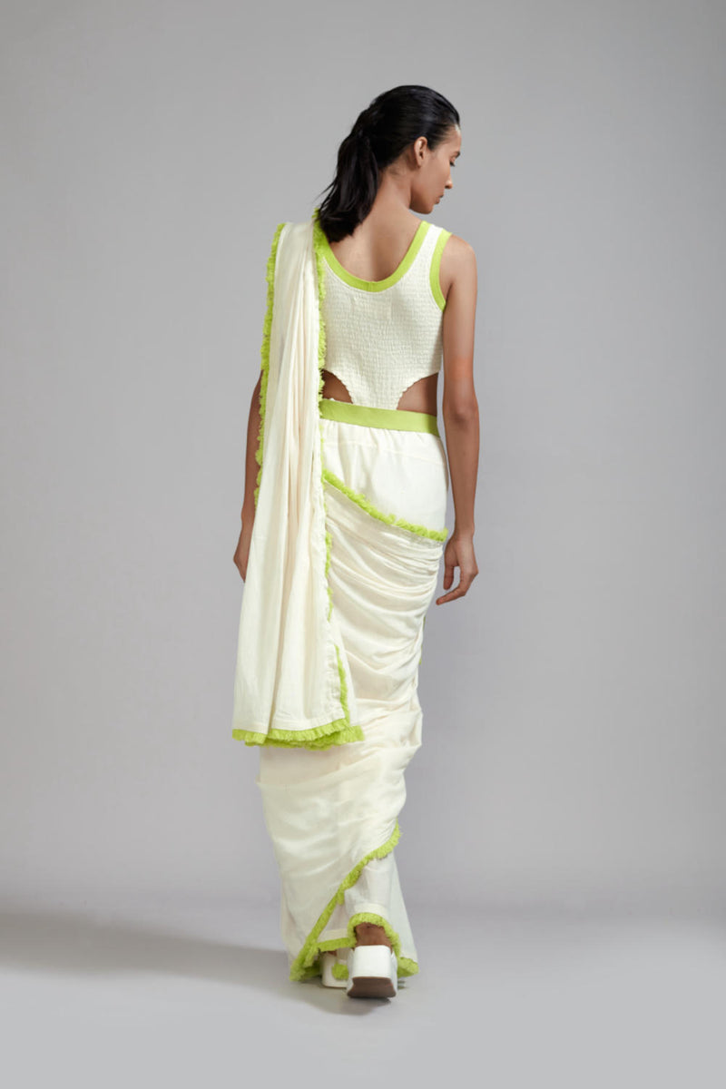 Off-White with Neon Green Fringed Saree cotton Saree by Mati in green color for women in Singapore