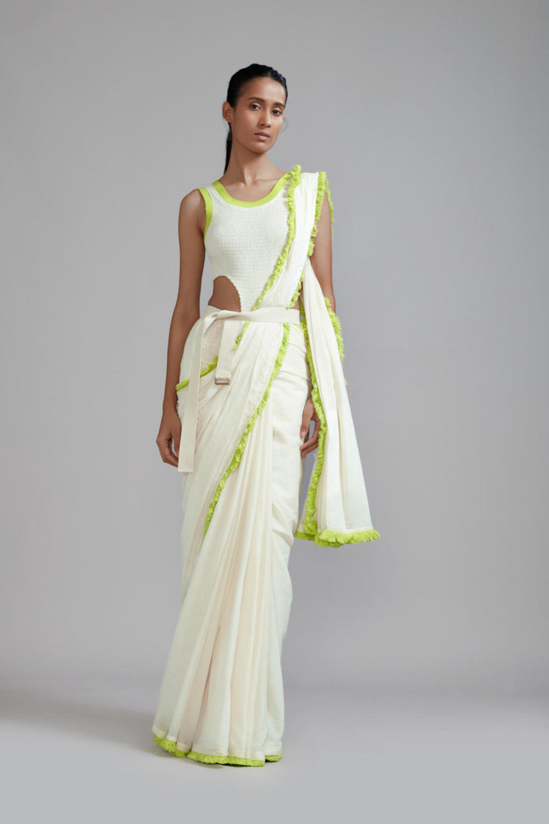 Off-White with Neon Green Fringed Saree cotton Saree by Mati in green color for women in Singapore